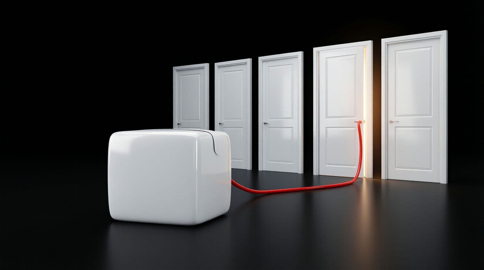 A glossy white parcel on a black surface with a row of white doorstep markers behind it, and a single red line looping from the parcel to one door and stopping there.