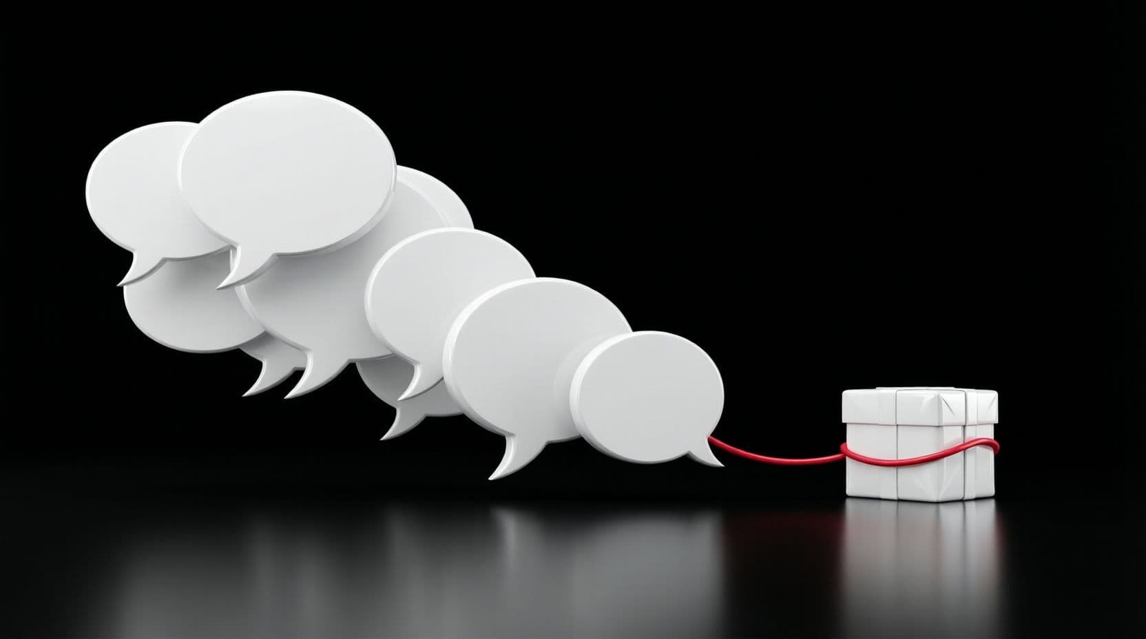Glossy white speech bubbles narrowing into a single line that ends at a white parcel tied with a thin red ribbon, on a black background.