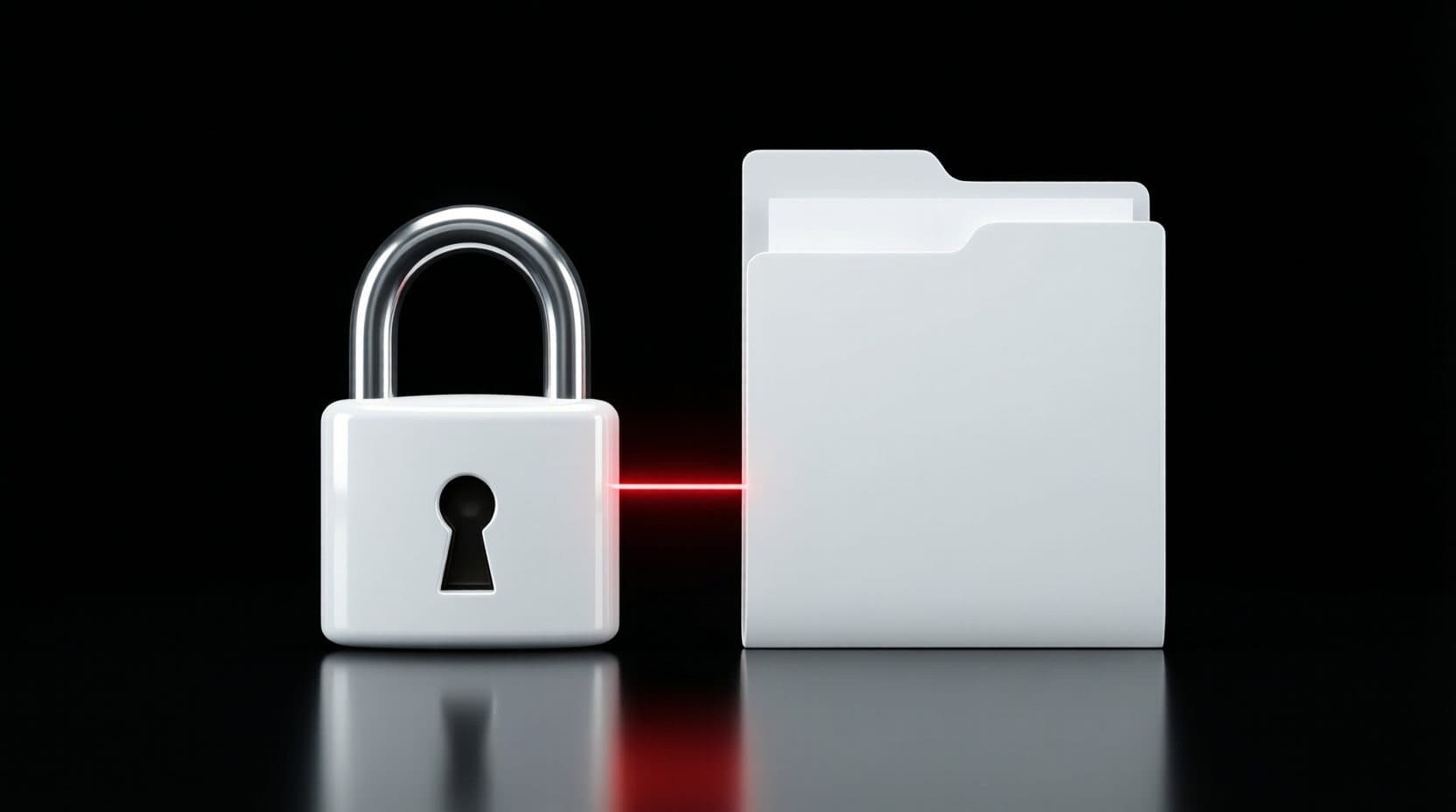 A glossy white padlock beside a white document folder on a black reflective floor, joined by a thin glowing red line.
