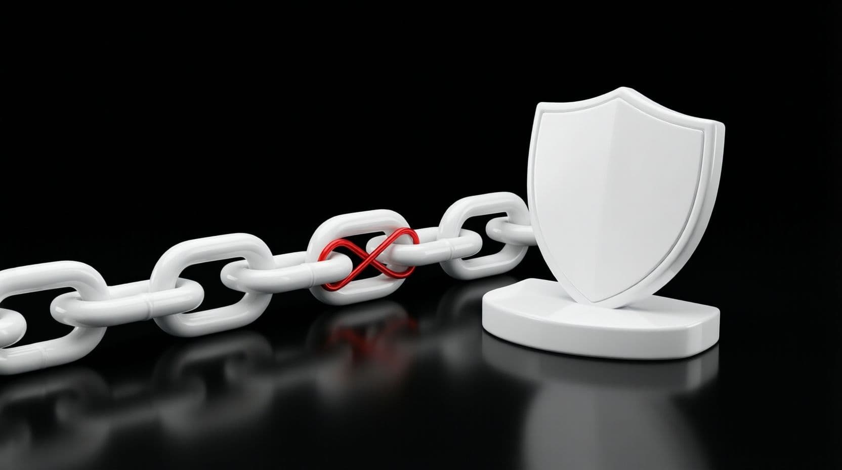 A chain of glossy white links curving across a black floor, with the middle link split open and a thin red line looping through the gap to reconnect it, beside a small white shield-shaped plinth.