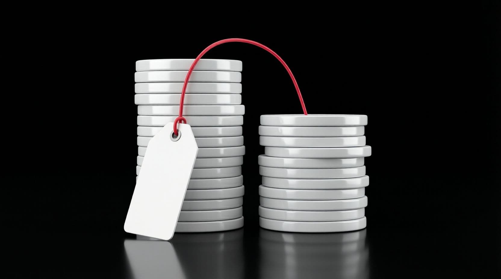 A tall stack and a short stack of glossy white discs on a black floor, with a blank white price tag leaning against them and a thin red line arcing over both stacks and dividing them.