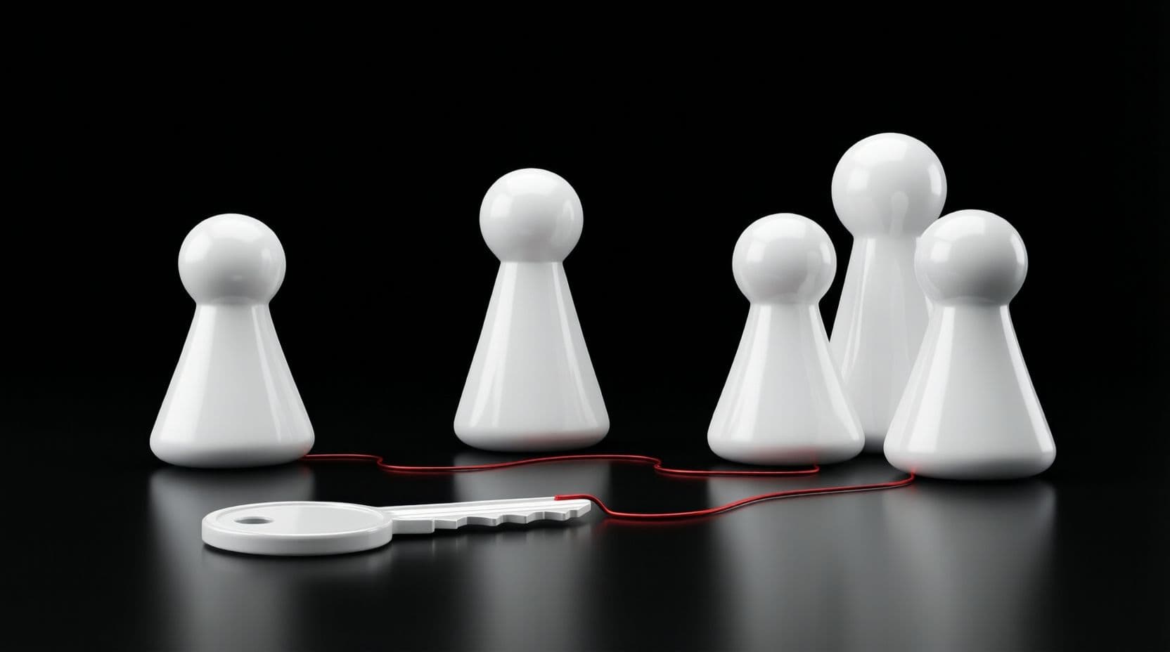 Three glossy white chess-like pieces on a black floor, a single small piece, a slightly taller piece and a group of three pieces standing together, with a thin red line running from a glossy white key in the foreground to each of them in turn.