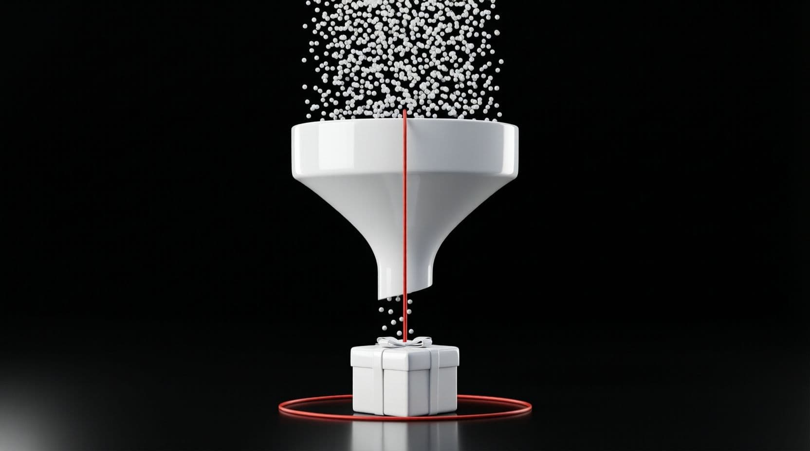 A shower of small white spheres falling into a glossy white funnel on a black floor, with only a few spheres rolling out toward one white parcel, and a thin red line dropping through the funnel to loop around the parcel.