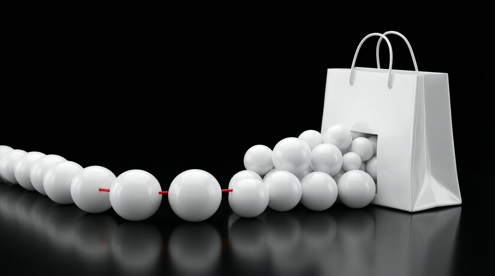 Glossy white spheres rolling along a curved white track toward a white shopping bag, stopped at a gap bridged by a single red line, on a black background.