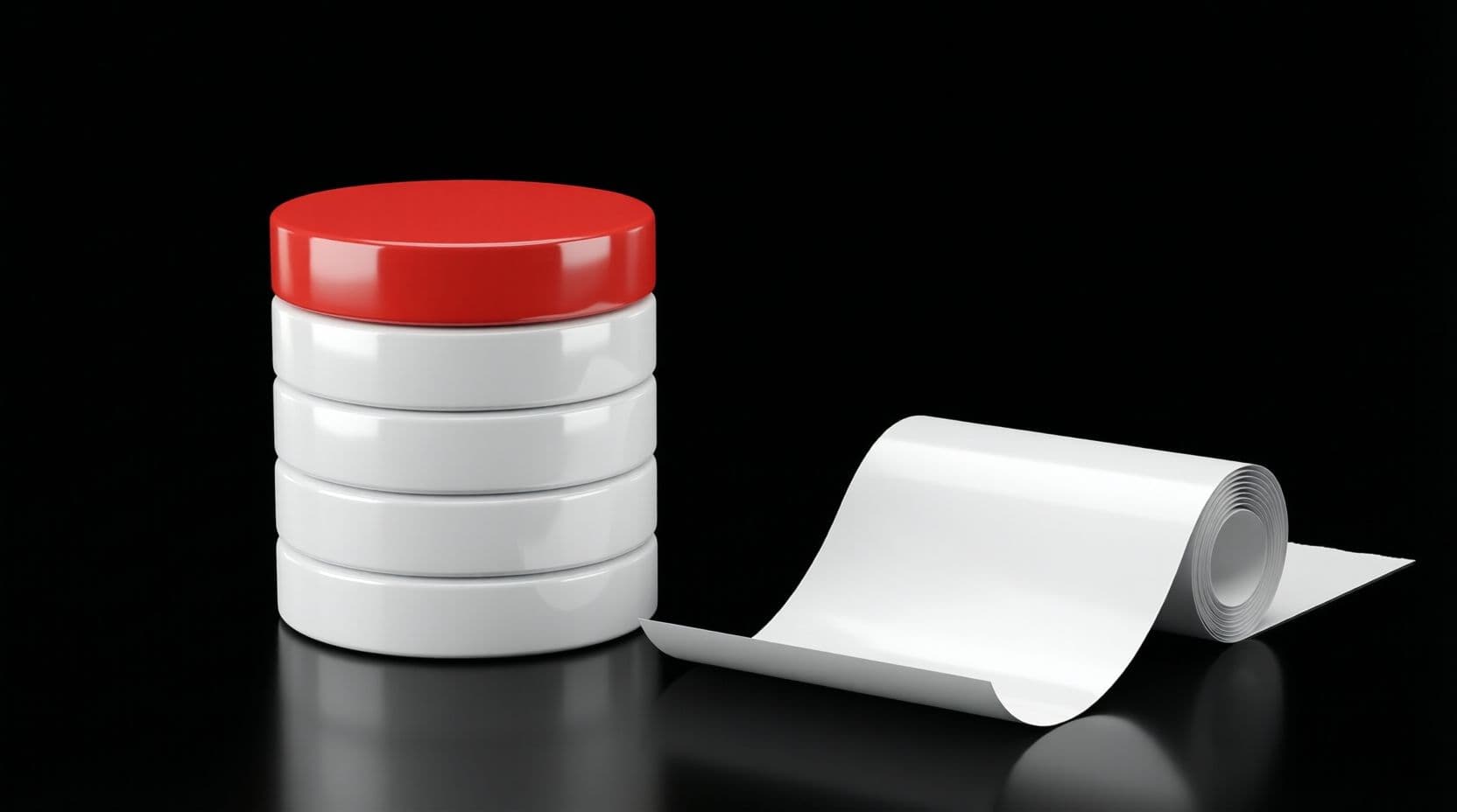 A glossy white column of five identical stacked discs on a black floor, with the top disc in red, beside a curled white paper receipt with no printing on it.
