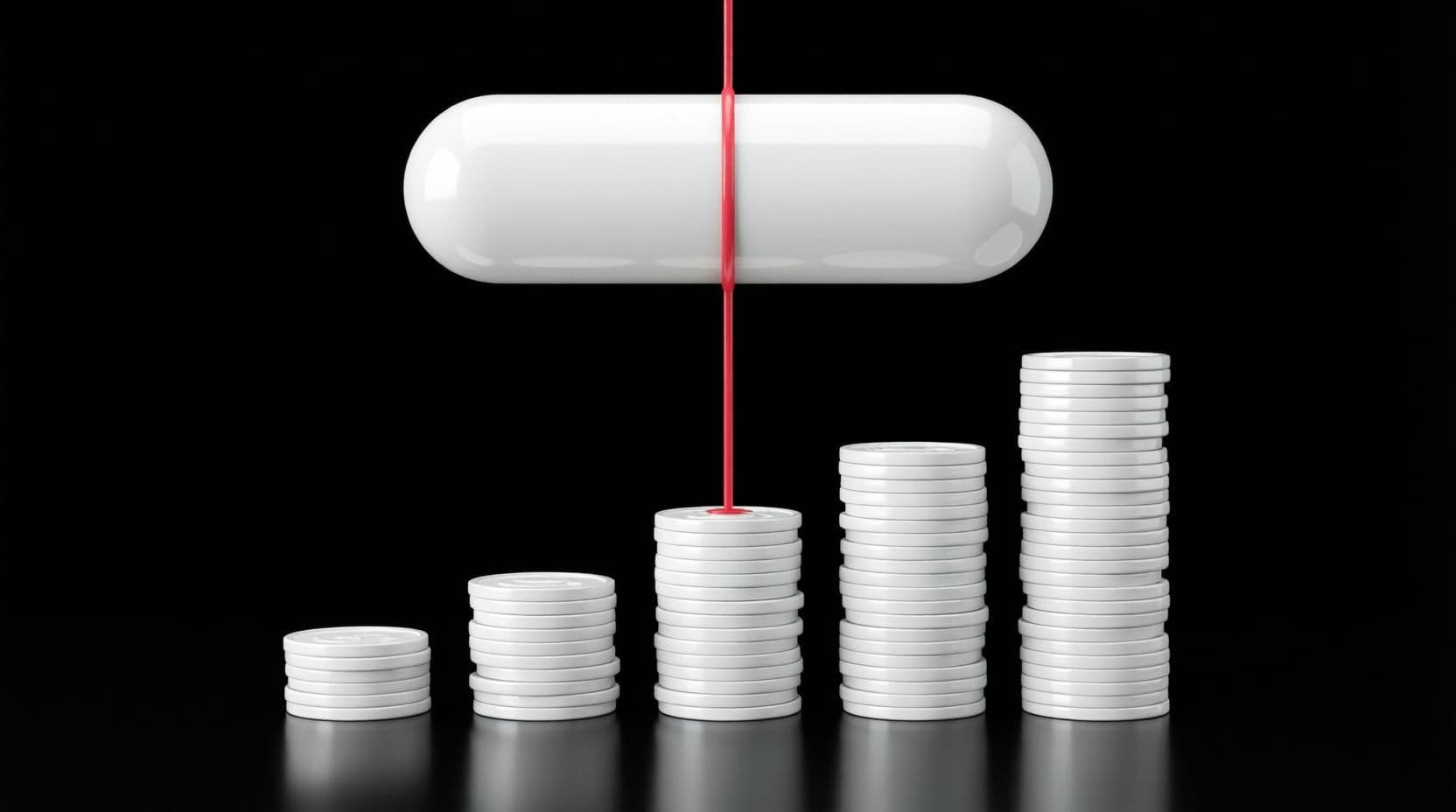 A glossy white rounded search bar shape floating above a row of white coin stacks of rising height on a black floor, with a thin red line dropping from the search bar into one stack.