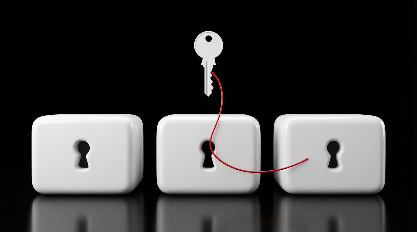 Three glossy white plinths standing in a row on a black floor, with a single glossy white key floating in front of the middle one and a thin red line running from the key into that plinth.