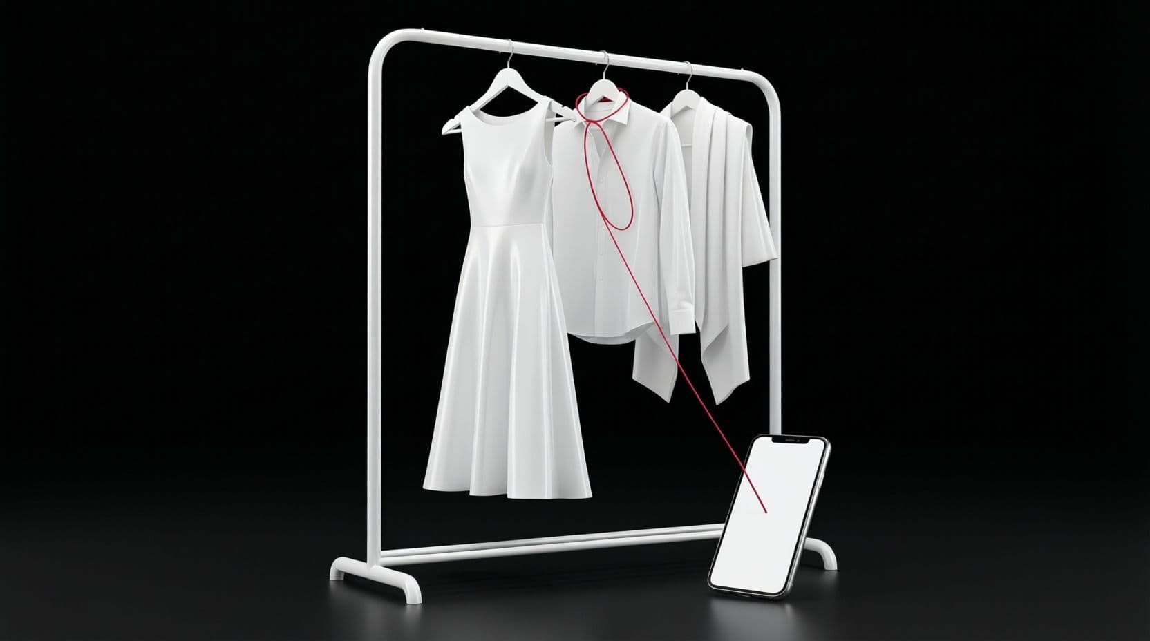 A glossy white clothes rail on a black background holding three white sculptural garments on hangers, with a slim white phone at its base and a thin red thread running from the phone up to one hanger.