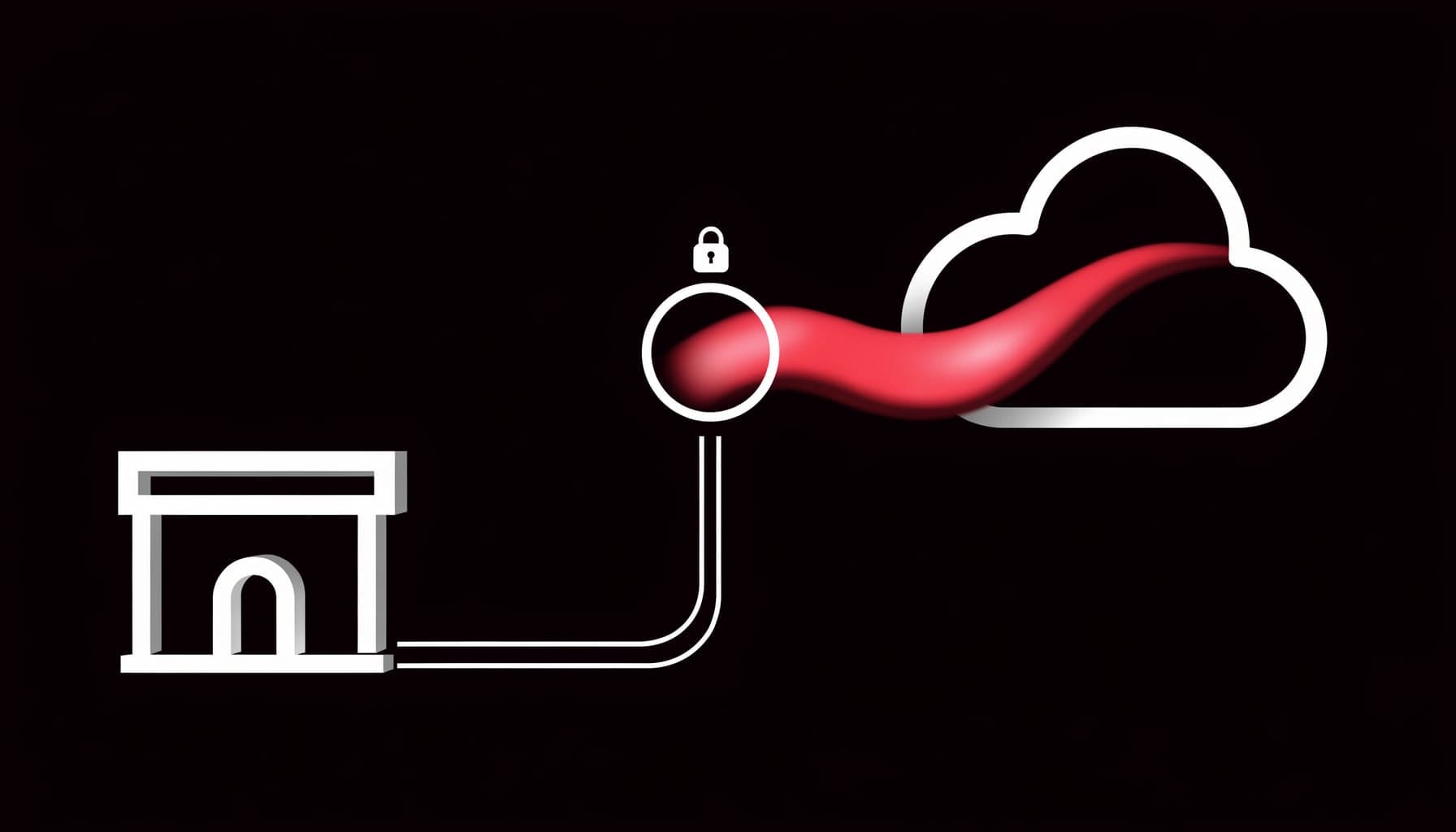 A data pipeline connecting a storefront to a secure server and cloud, with a glowing red server-side data stream.
