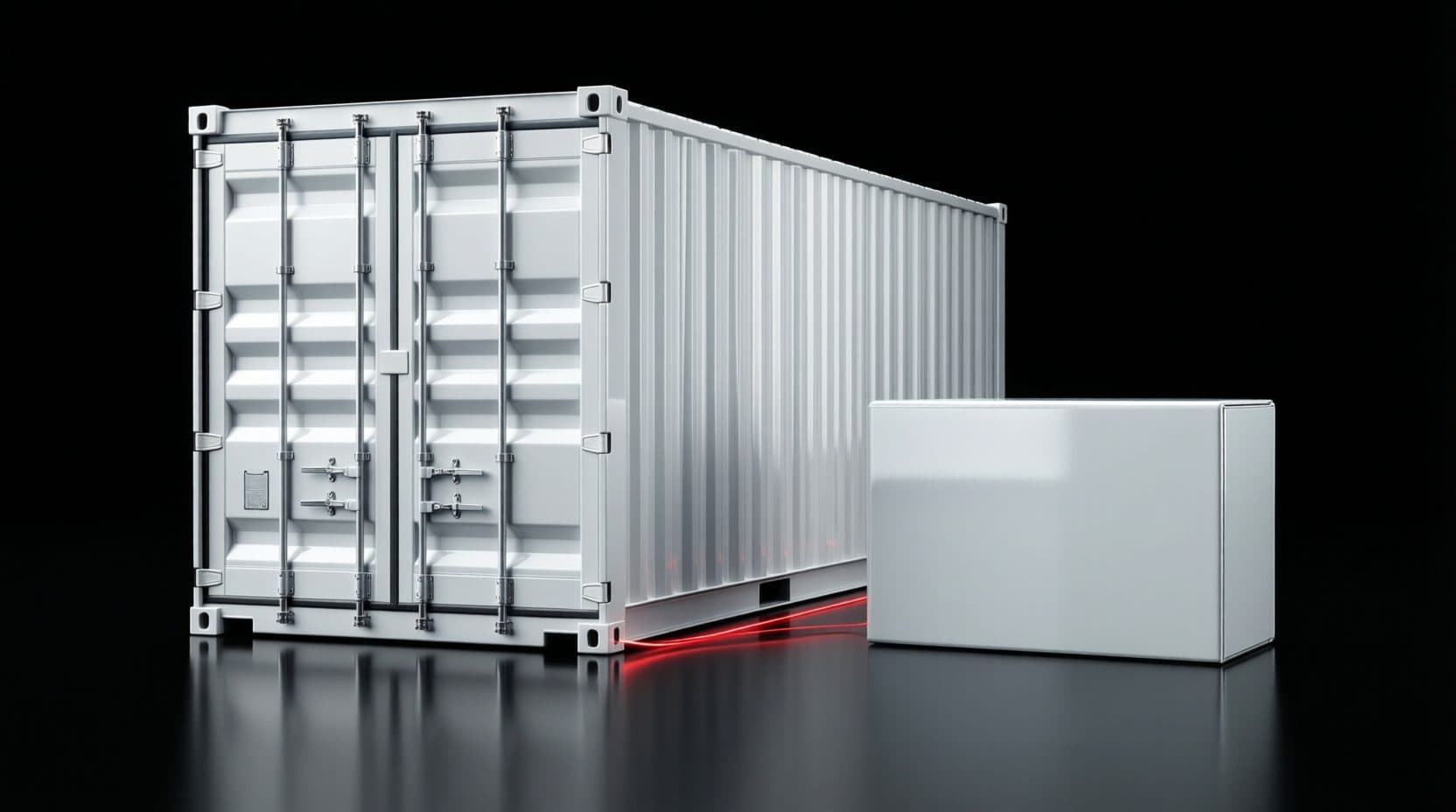 A large white shipping container beside a plain white parcel box on a black reflective floor, joined by a thin glowing red line.