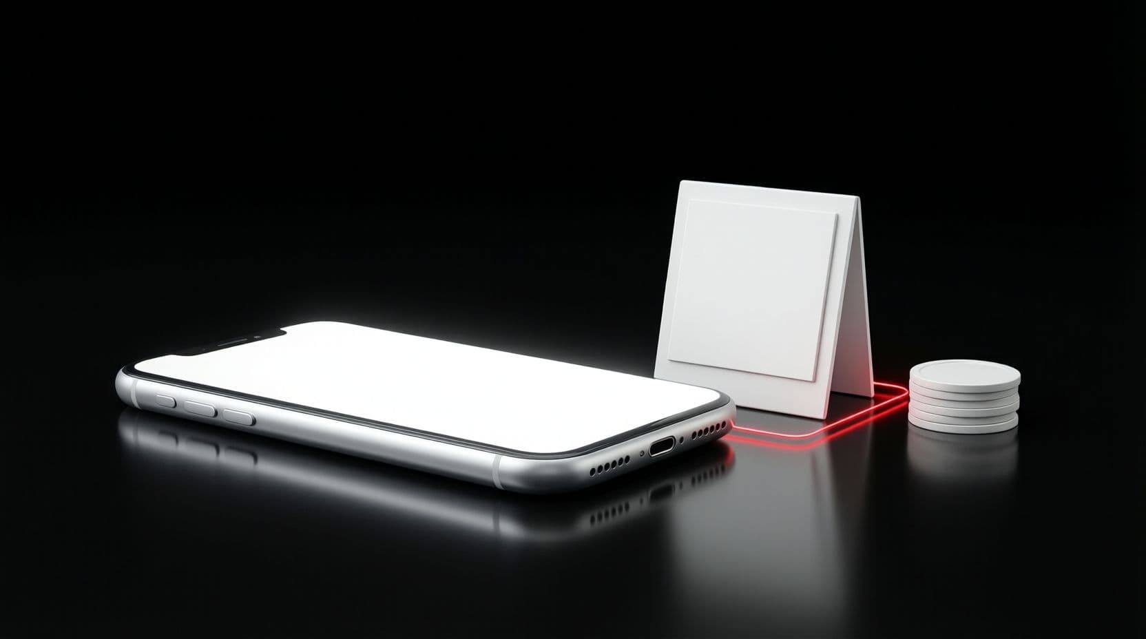 A white smartphone lying flat on a black floor with a glowing blank screen, a small white tent sign and a short stack of white coins, joined by a thin red line from the phone to the sign.