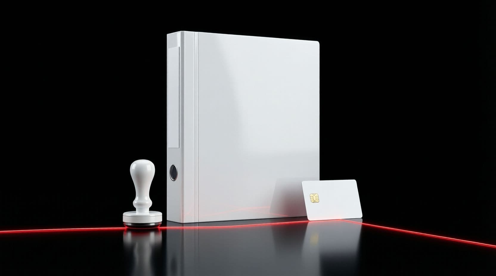 A tall glossy white ring binder on a black floor with a white rubber stamp on one side and a white bank card with a gold chip leaning on the other, a thin red line running along the floor past both.