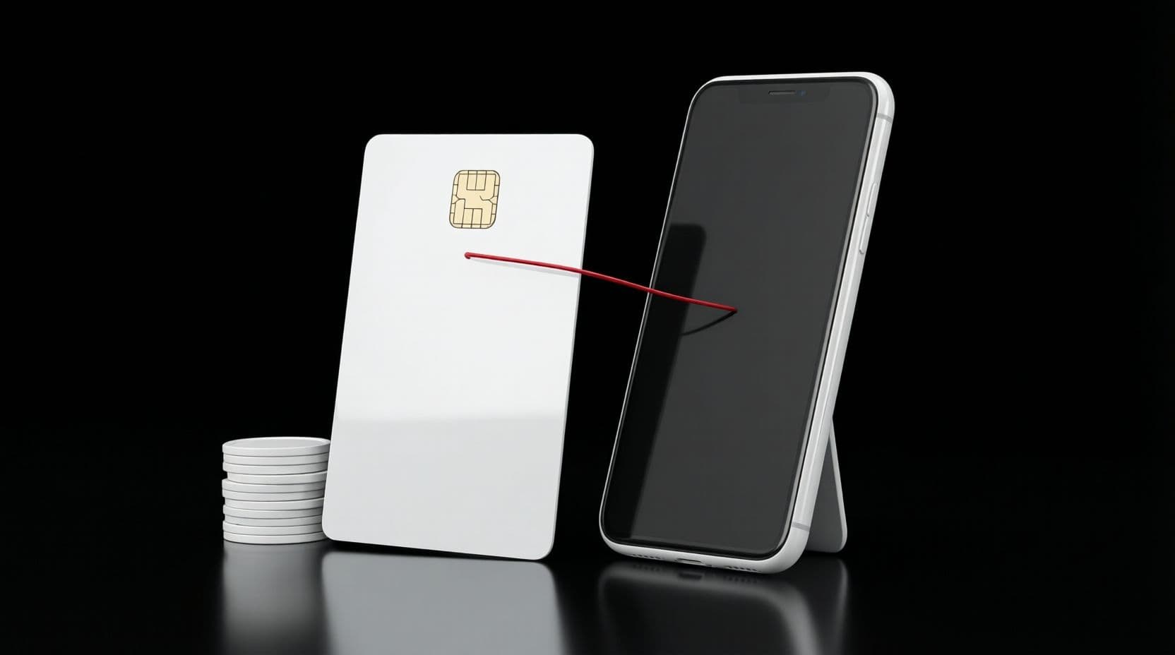 A glossy white bank card and a white smartphone standing on a black floor, joined by a thin red line running from the card's chip into the phone, with a small stack of white coins beside them.