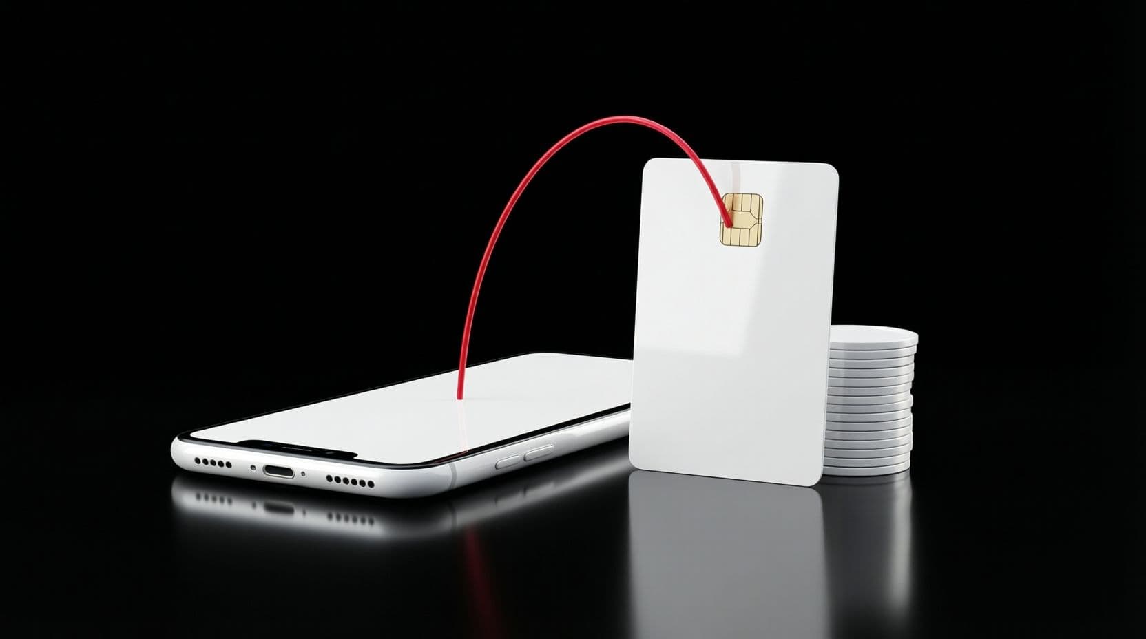 A slim glossy white smartphone lying flat on a black floor, a thin red line rising from its blank screen and arcing into a glossy white bank card standing upright beside a small stack of white coins.
