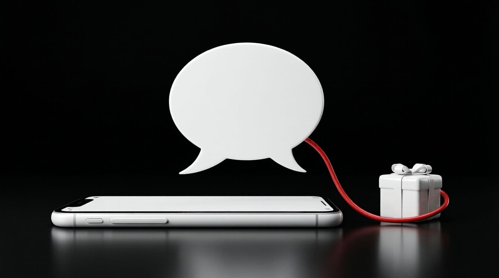 A glossy white smartphone lying flat with a white speech bubble rising from its screen, joined by a thin red line to a small white parcel, on a black background.