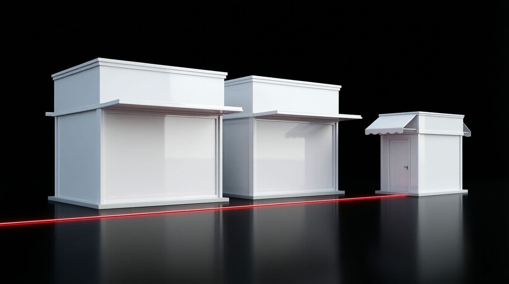 Two large glossy white market stalls side by side on a black floor and a smaller white shop with its own awning set apart on the right, joined by a thin red line that runs to the small shop's door.