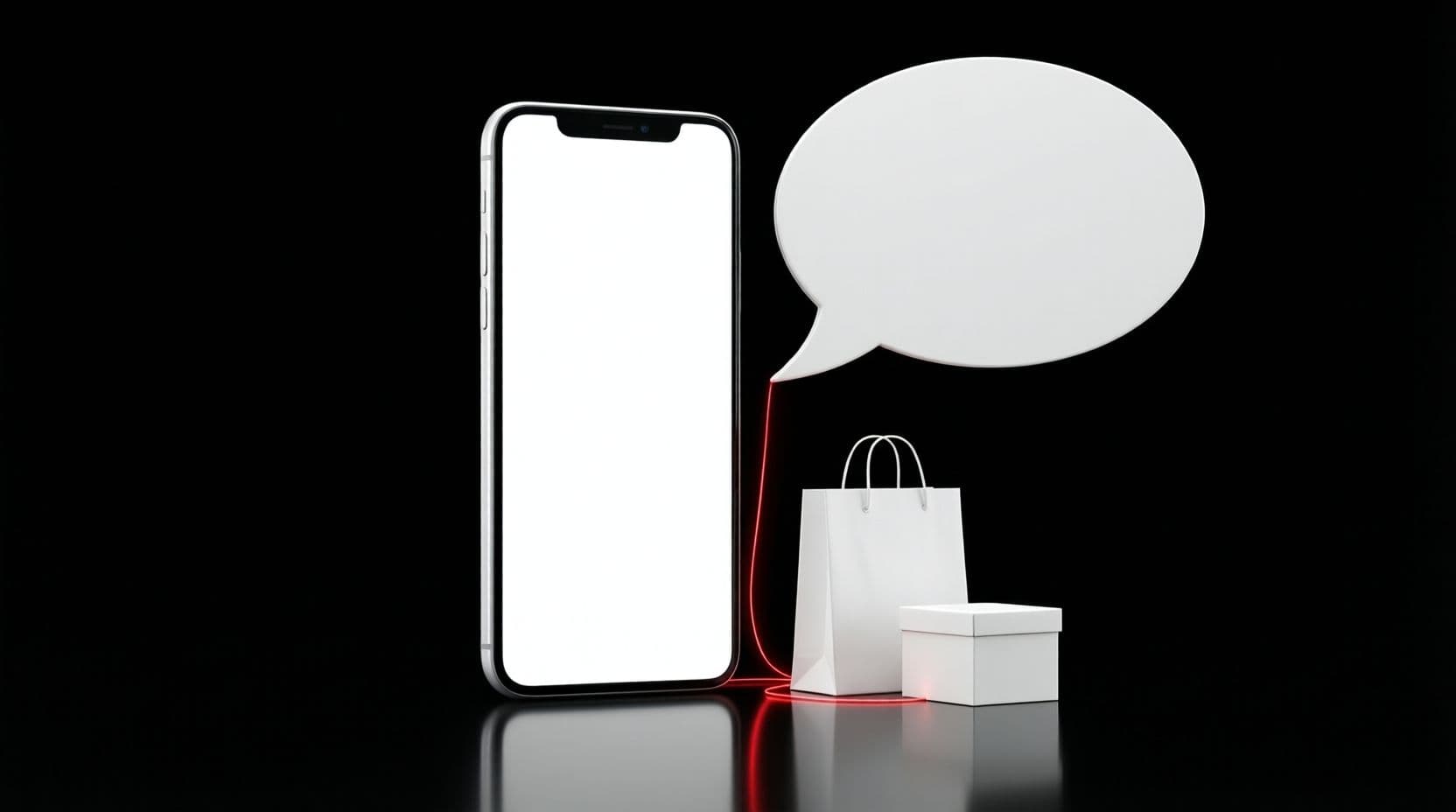 A glossy white smartphone with a blank screen standing upright on a black floor beside a large white speech bubble, a white paper shopping bag and a small white box, with a thin red line running from the speech bubble down to the box.
