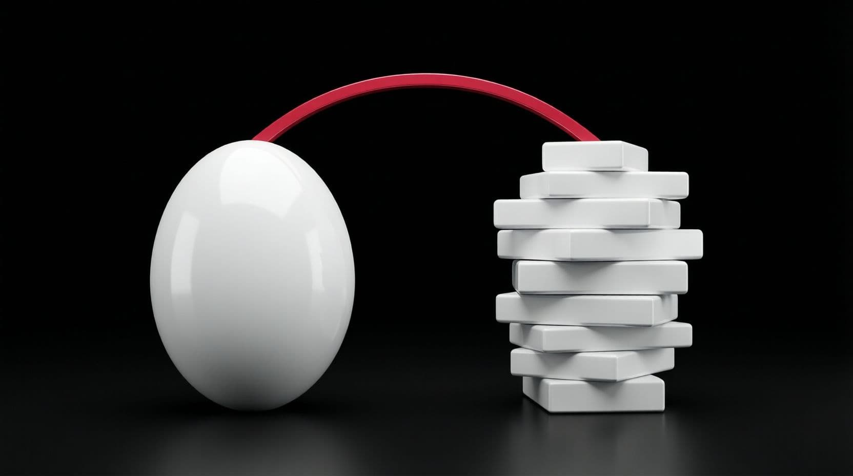 Two glossy white sculptures on a black background, one a single smooth block and one built from stacked modular pieces, linked by a thin red arc like a balance.