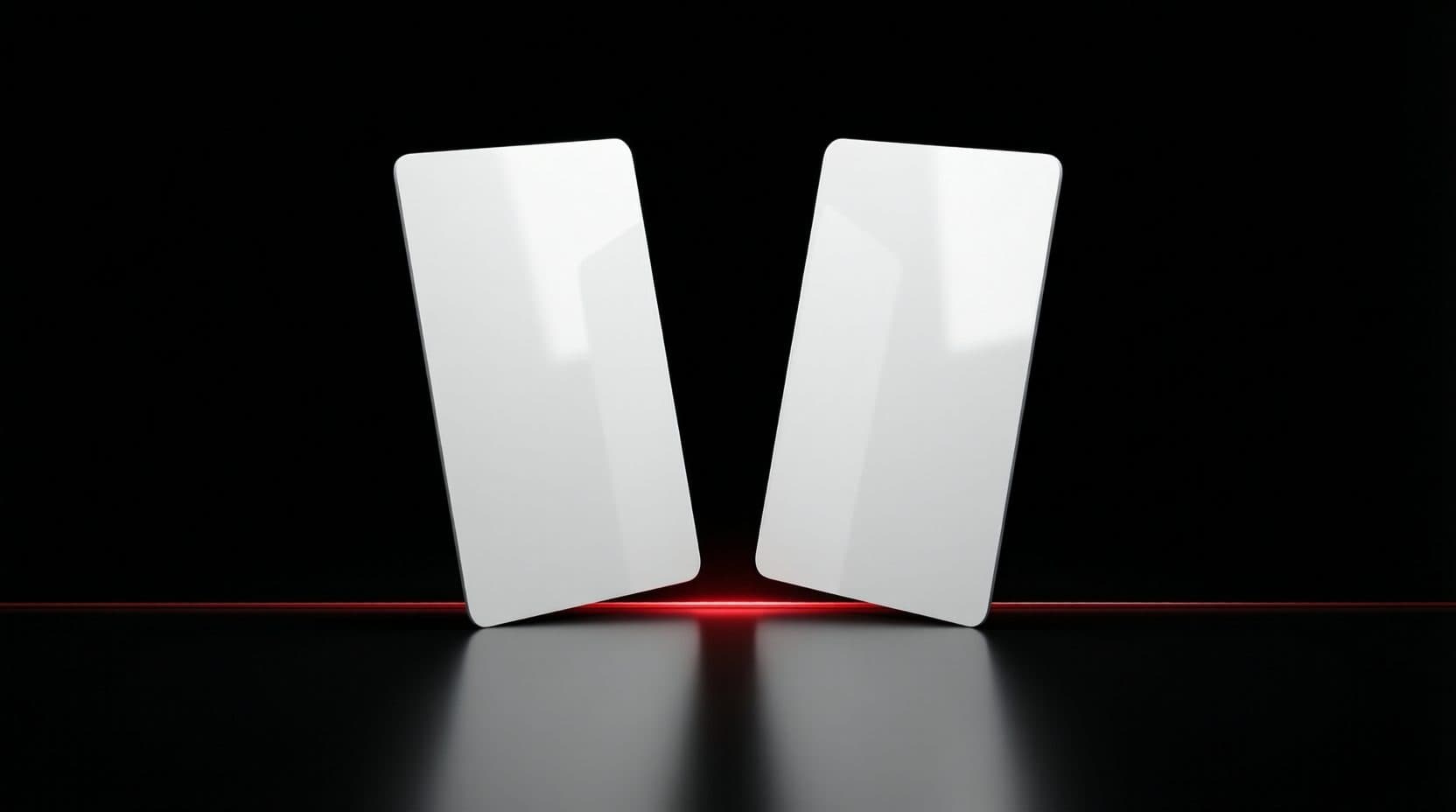 Two tall glossy white payment cards leaning toward each other on a black reflective floor, with a thin glowing red line running along the floor beneath them.