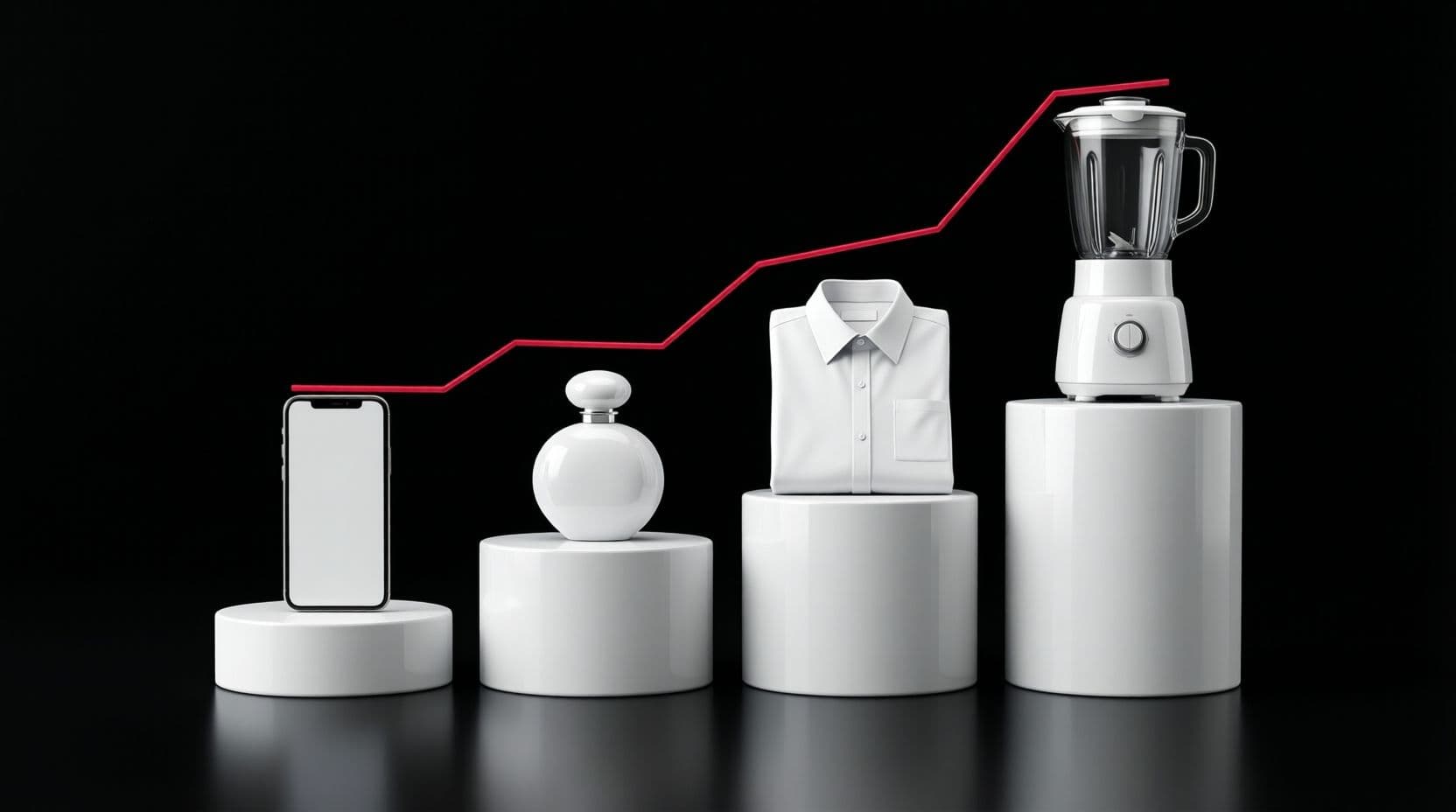 Four glossy white objects, a smartphone, a perfume bottle, a folded shirt and a small blender, on white plinths of rising height, with a thin red line tracing an upward path across their tops, on a black background.